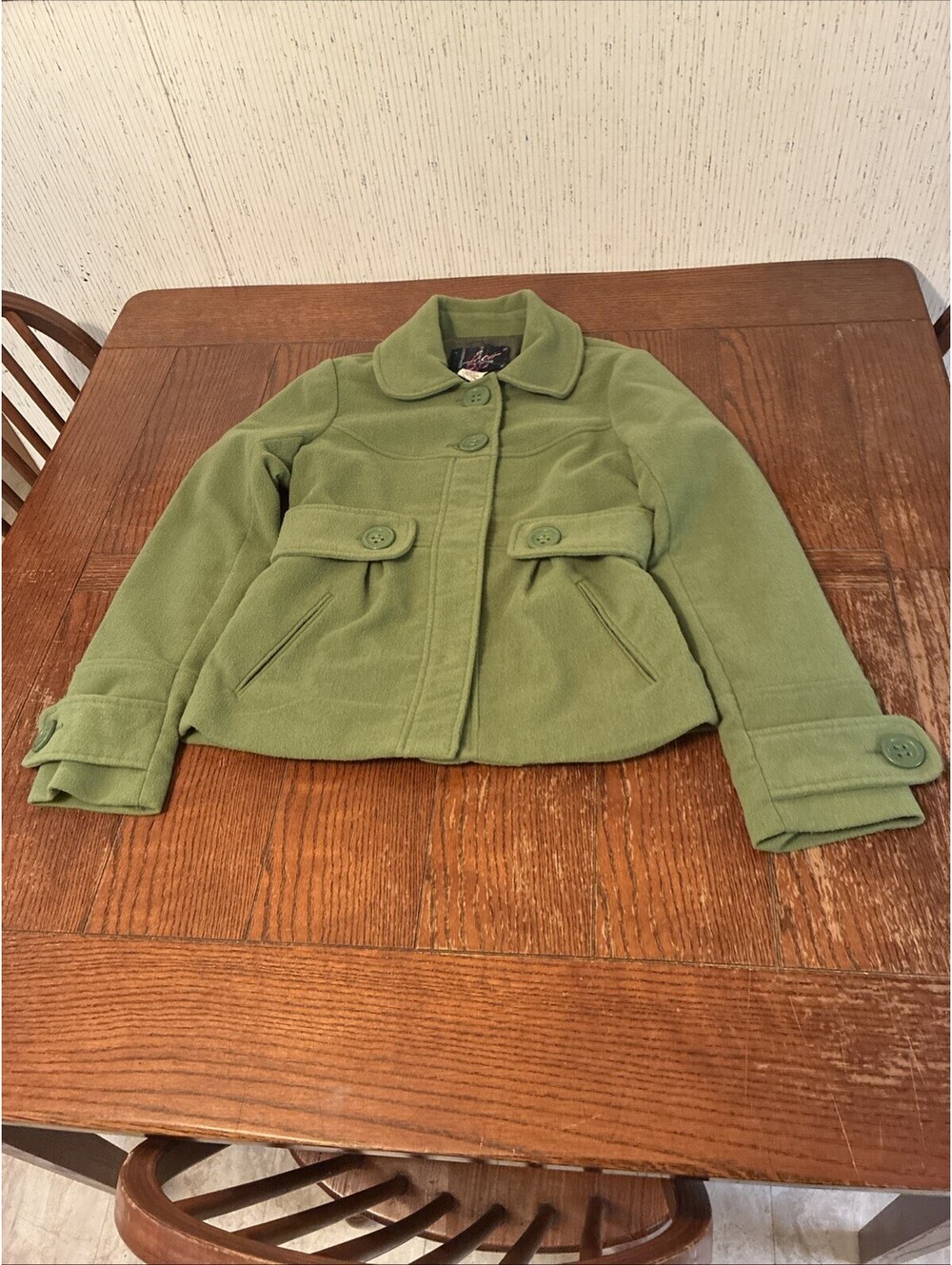 Jack BB Dakota Pea Coat Women’s M Green Rounded Collar Button Waist Details